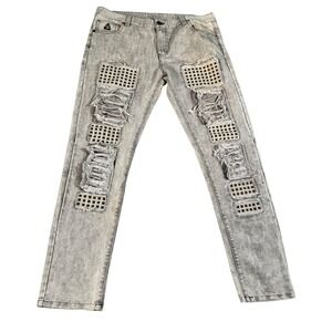 DNM Collection Mens Grey Distressed Studded Straight Leg Jeans Size 40 x 31